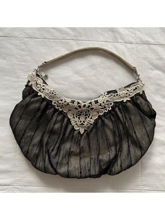 Cache Handbags - Cache Cache Black Beige Lace Applique Mesh Sequin Shoulder Bag Japan